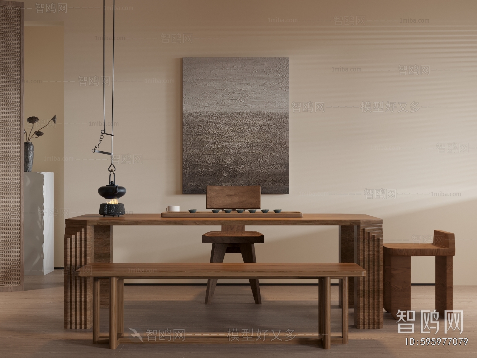 侘寂实木茶桌椅3D模型下载