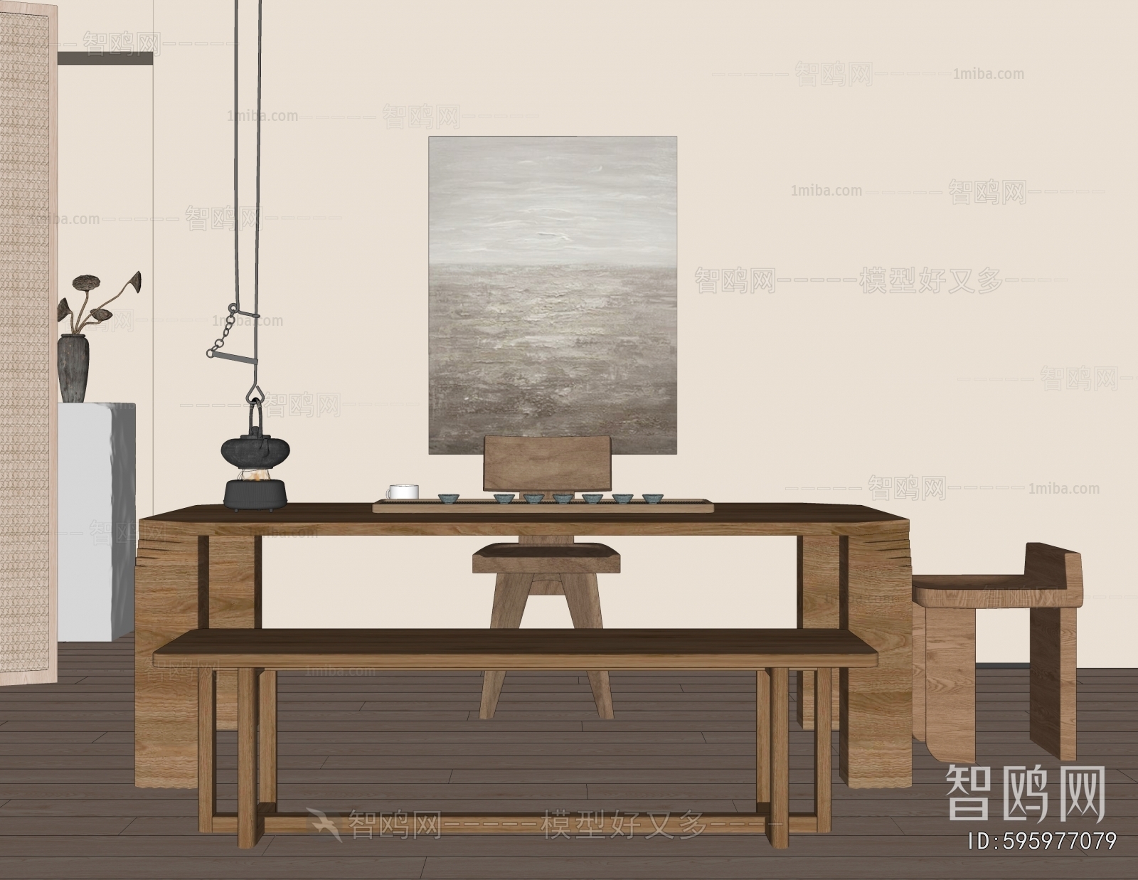 侘寂实木茶桌椅3D模型下载