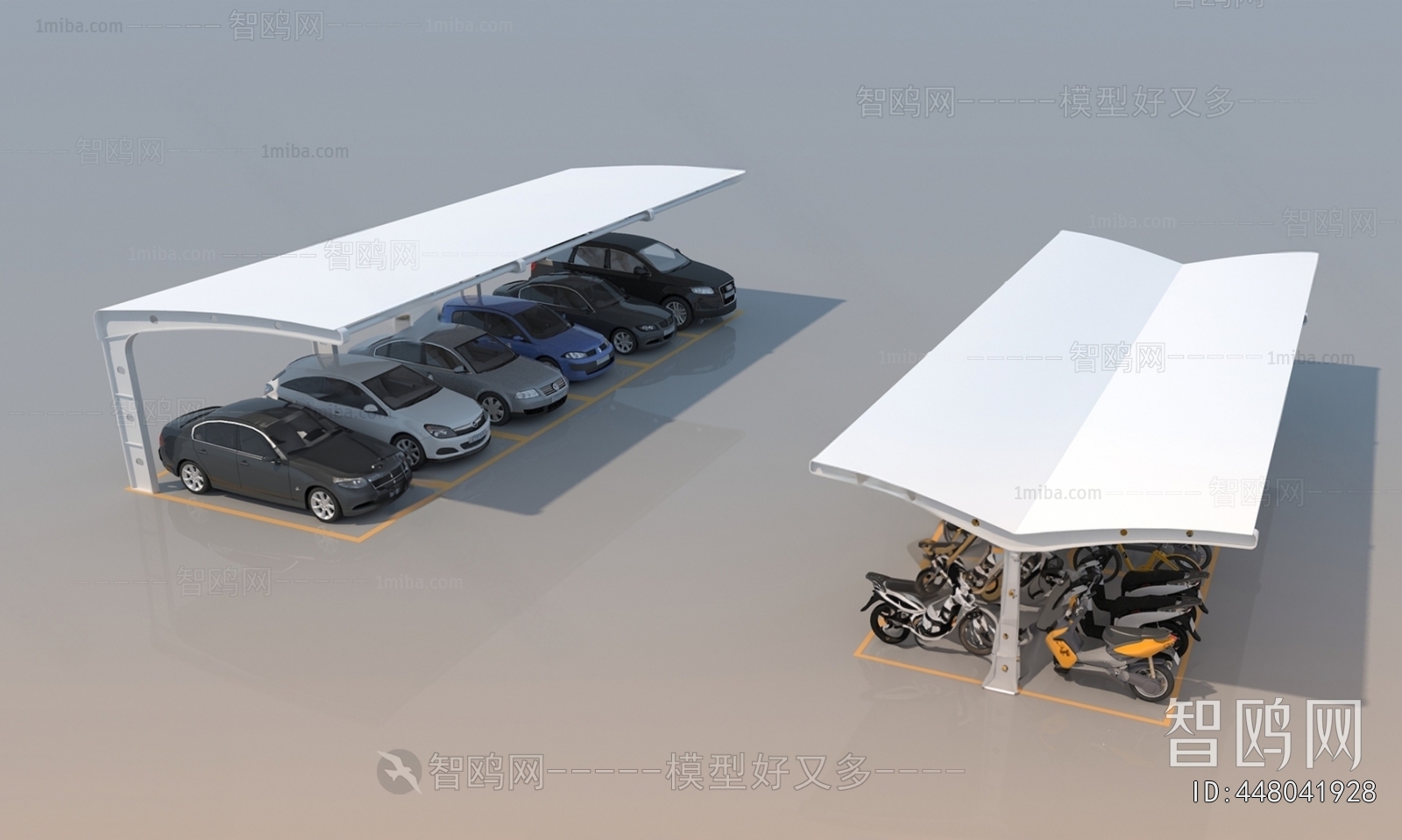 现代户外停车场车棚3D模型下载