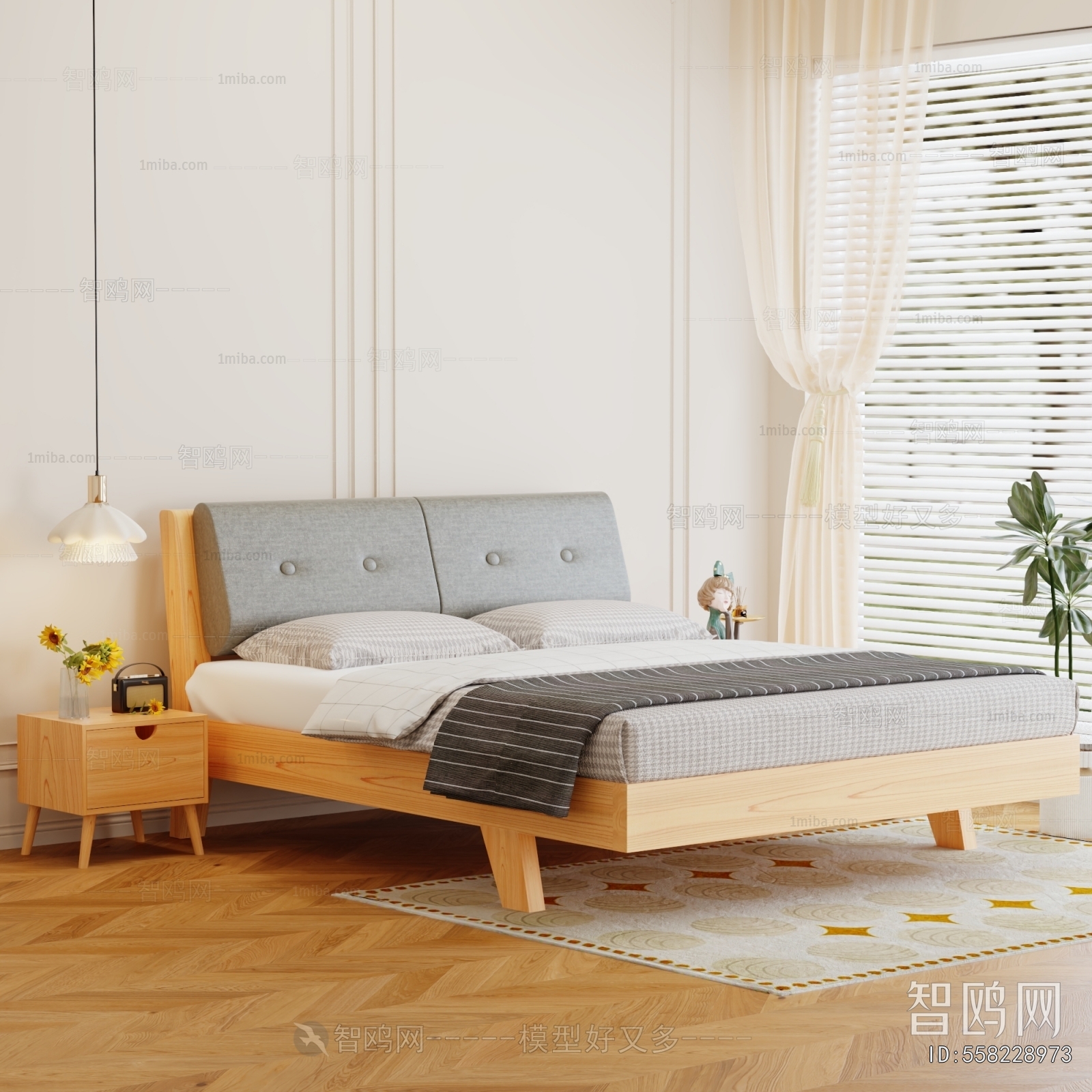 现代实木出租房双人床