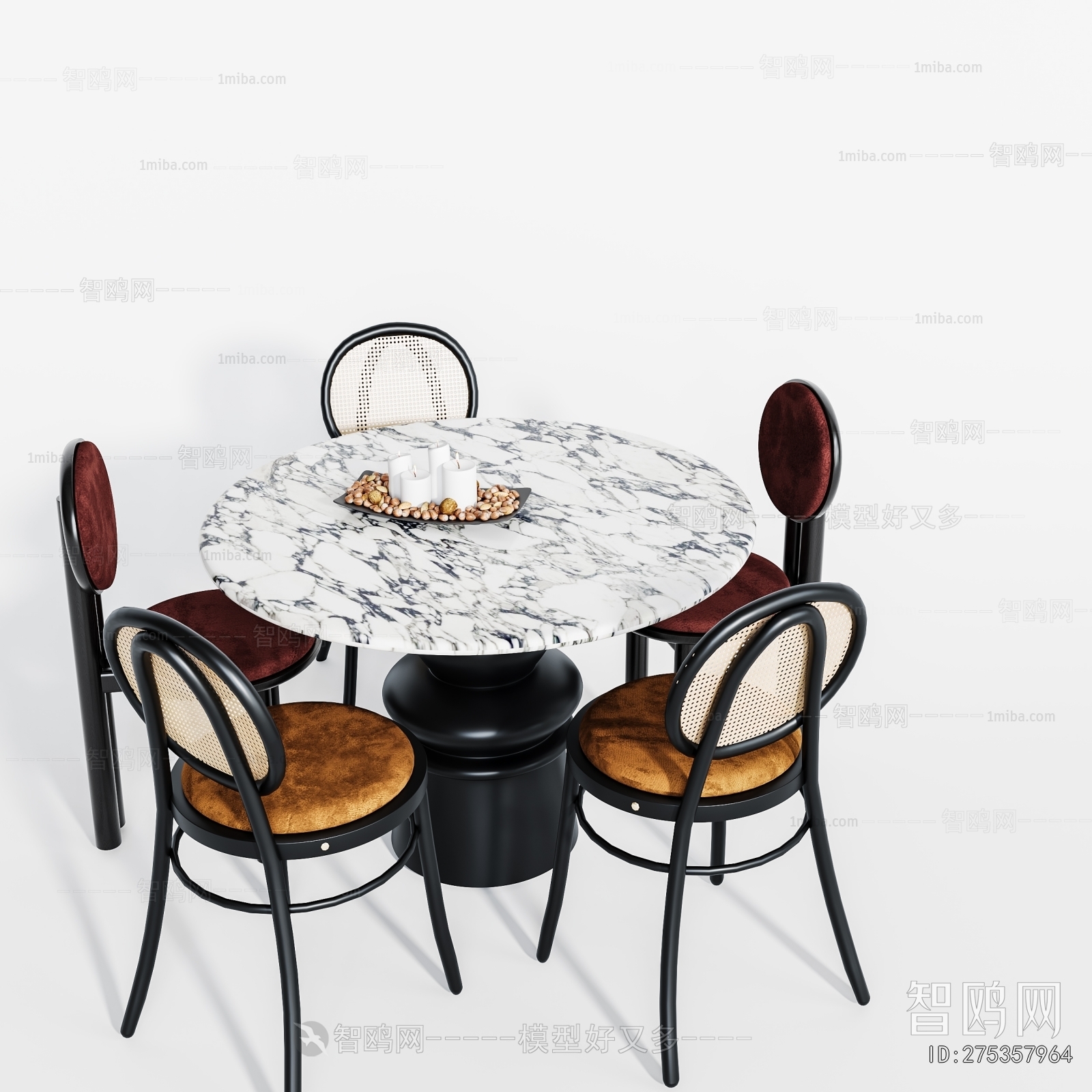 现代中古风圆形餐桌椅3D模型下载