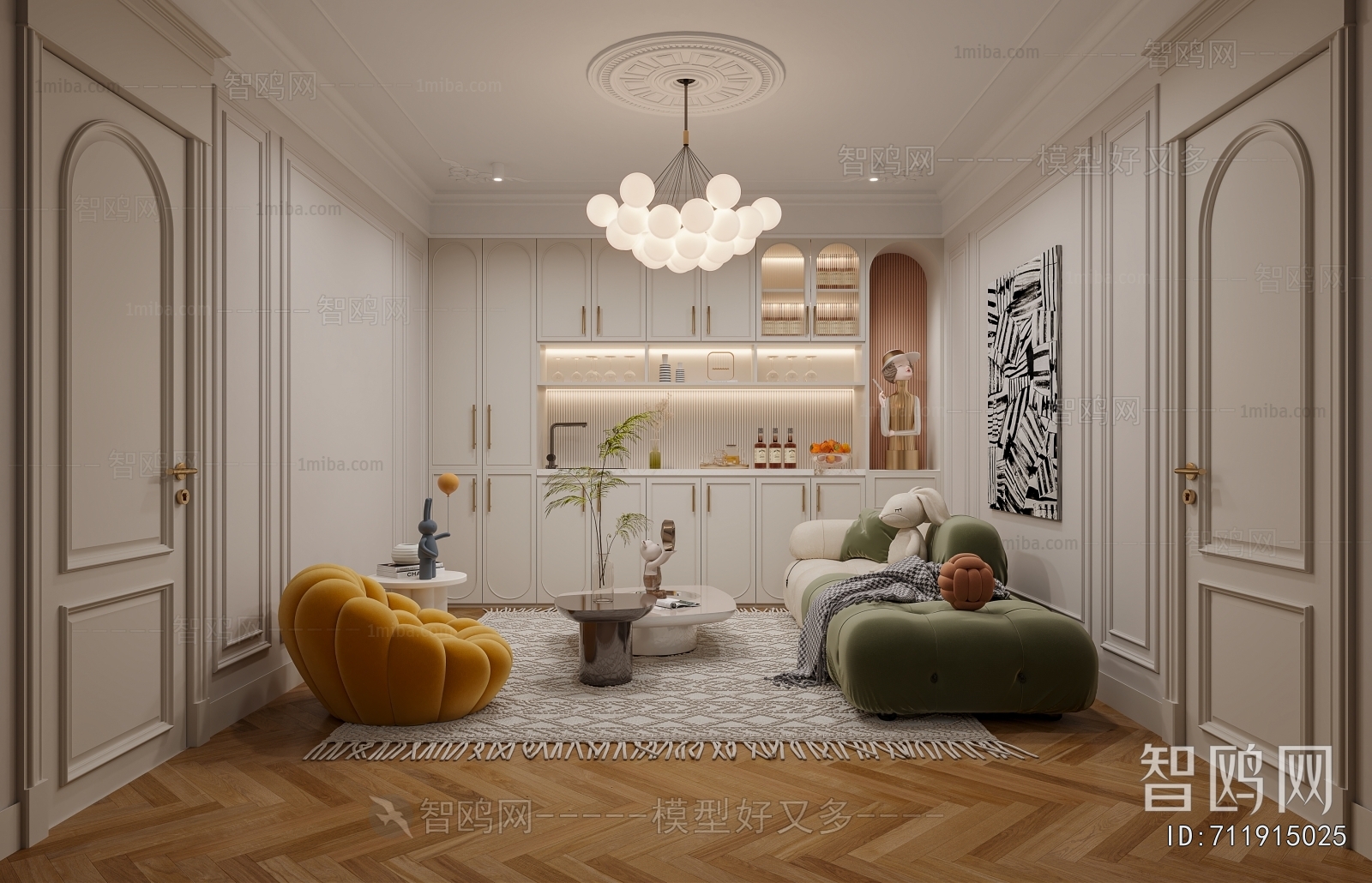 美式起居室 休息室3D模型下载