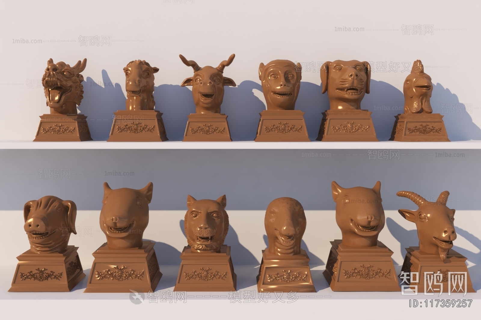 中式十二生肖兽首雕塑3D模型下载