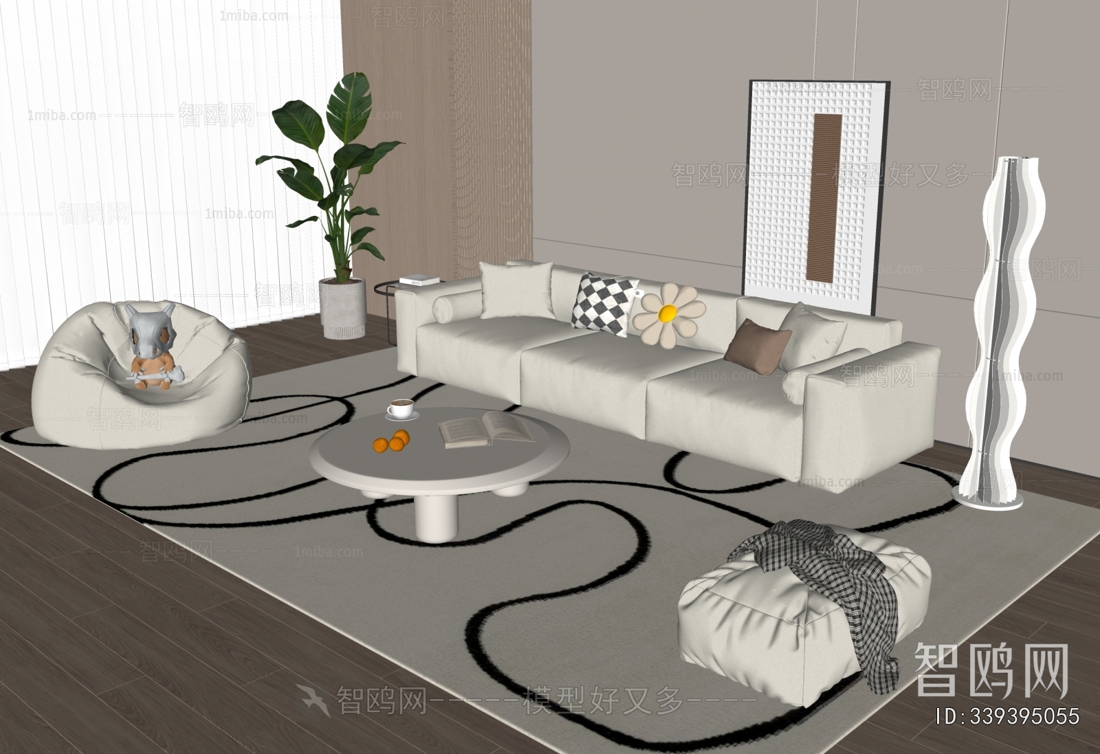 现代奶油风布艺沙发茶几组合3D模型下载