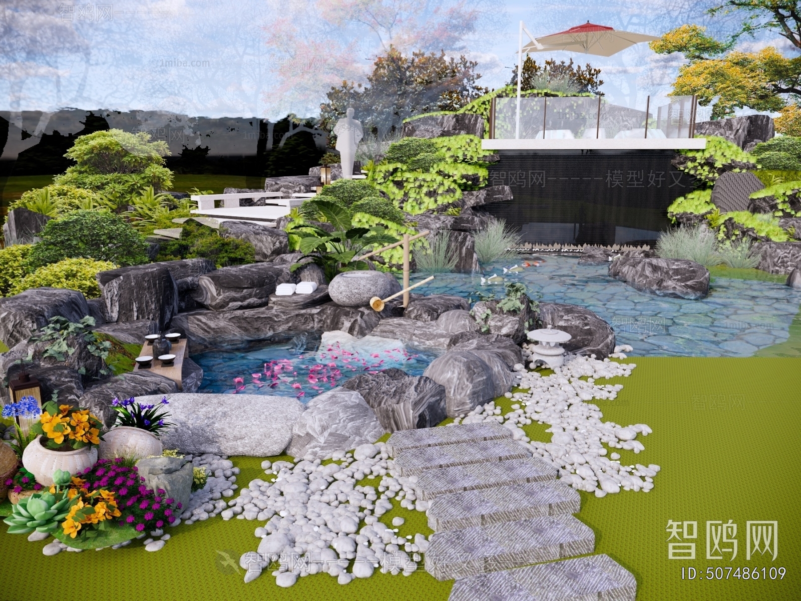 日式温泉泡池禅意庭院花园