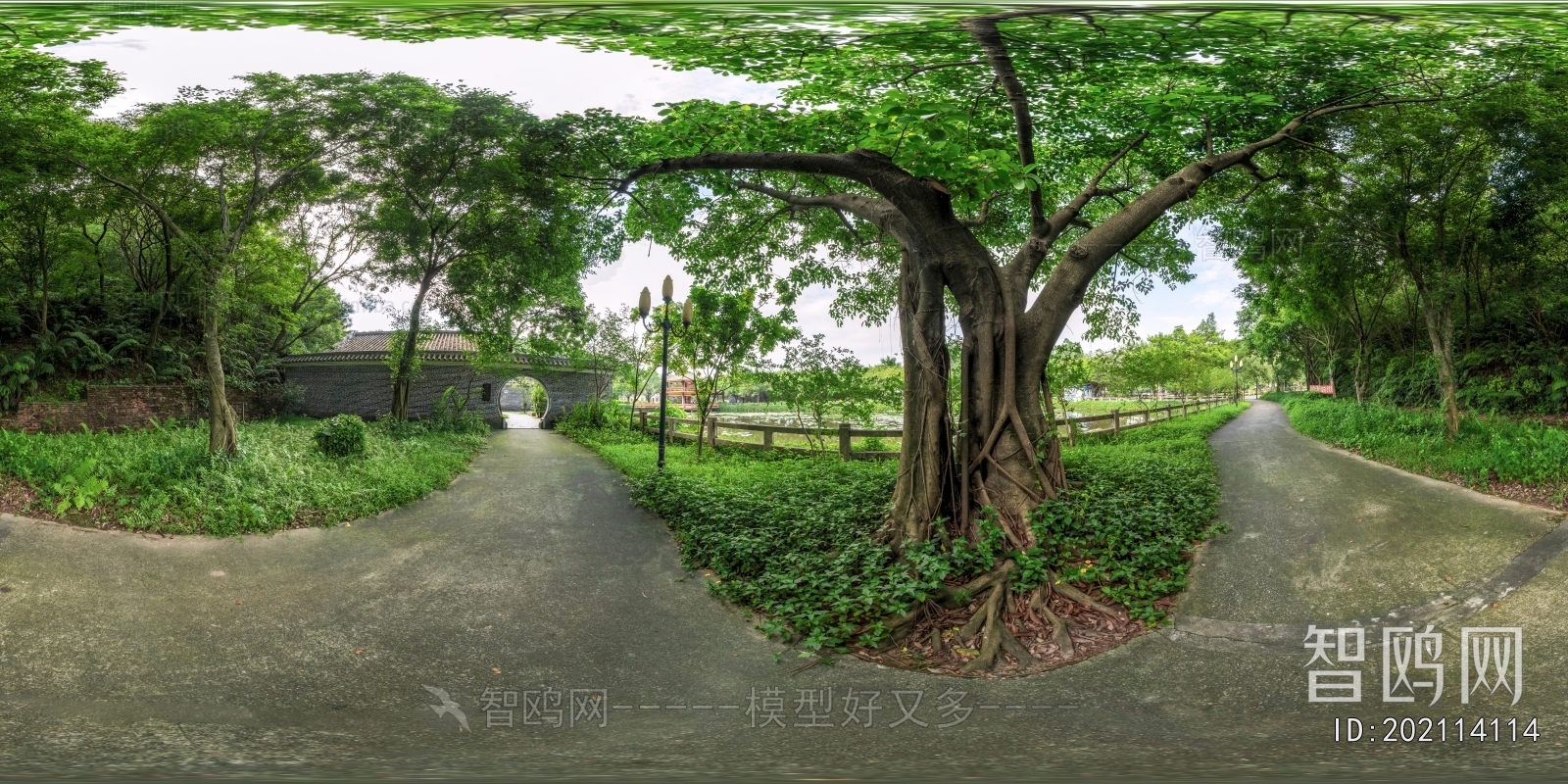 HDR绿茵小道树林休闲河畔全景