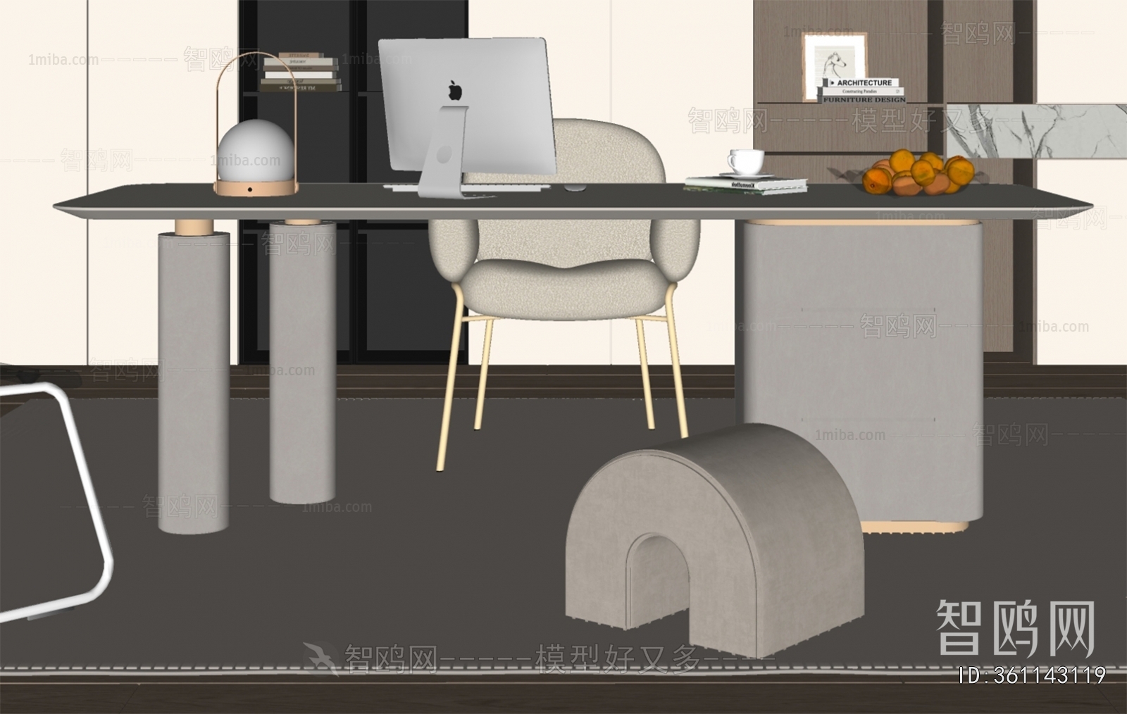 现代奶油风书桌椅组合3D模型下载