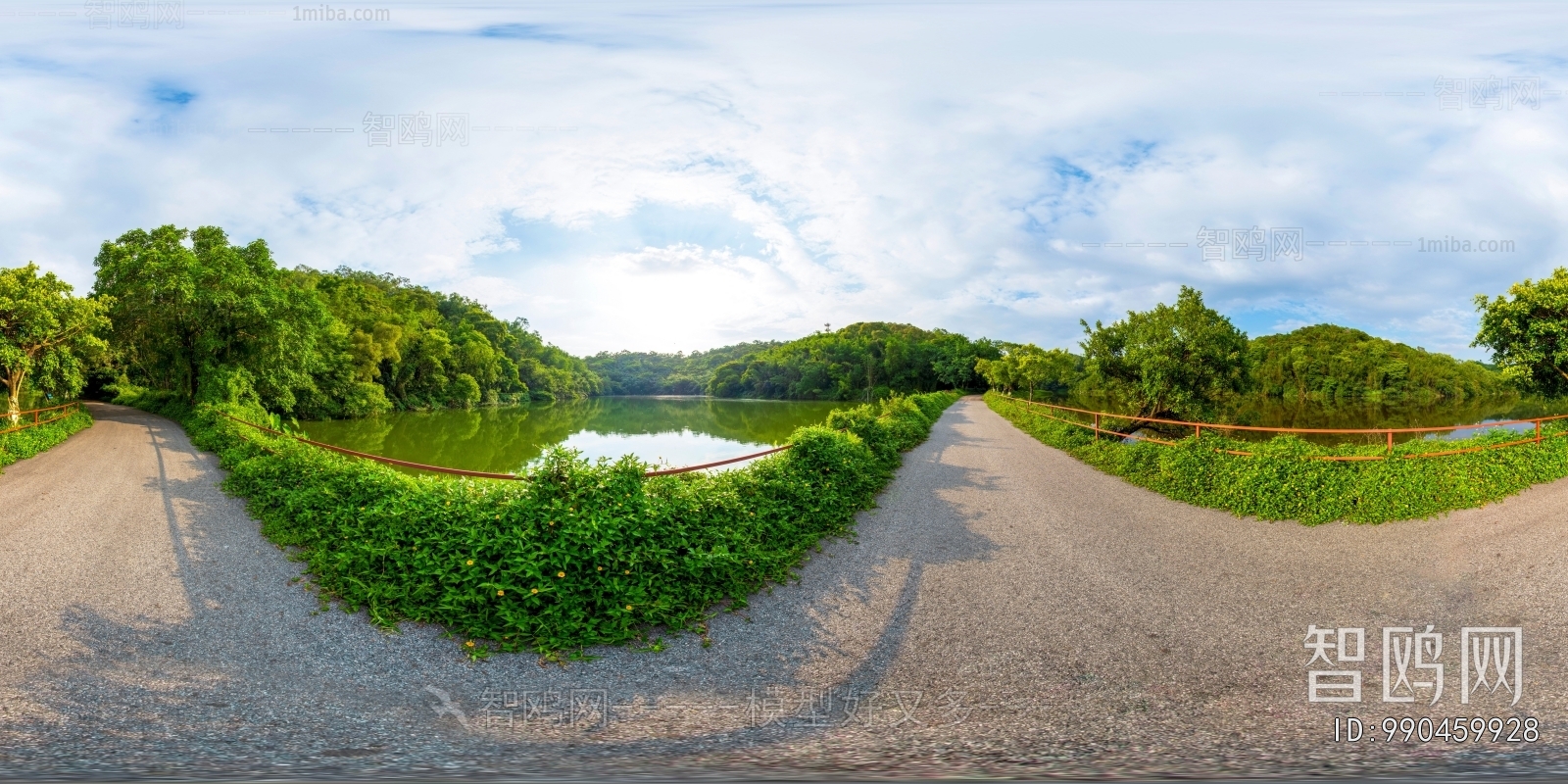 HDR绿茵小道树林休闲河畔全景