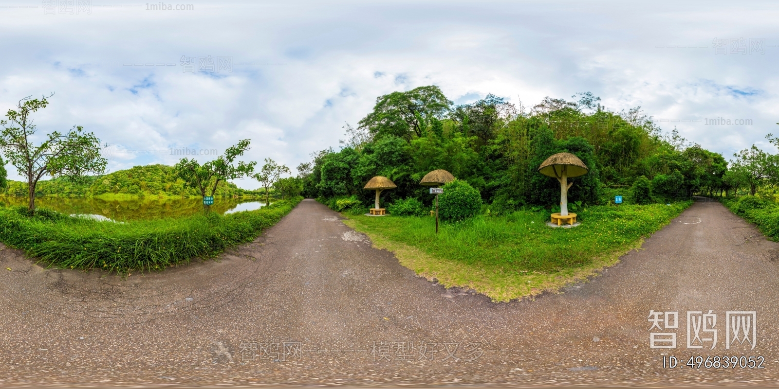 HDR绿茵小道树林休闲河畔全景