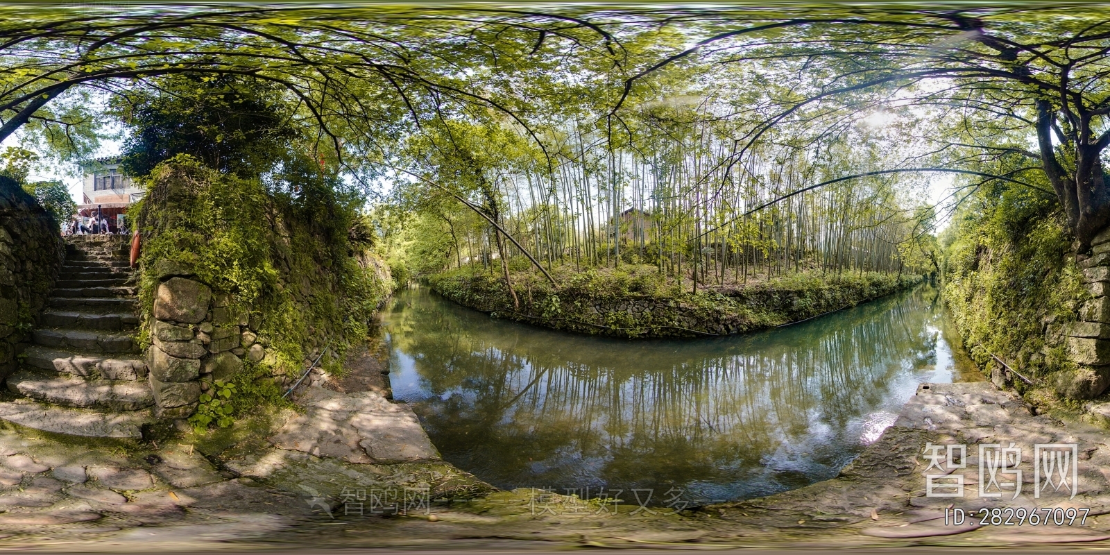 HDR绿茵小道树林休闲河畔全景