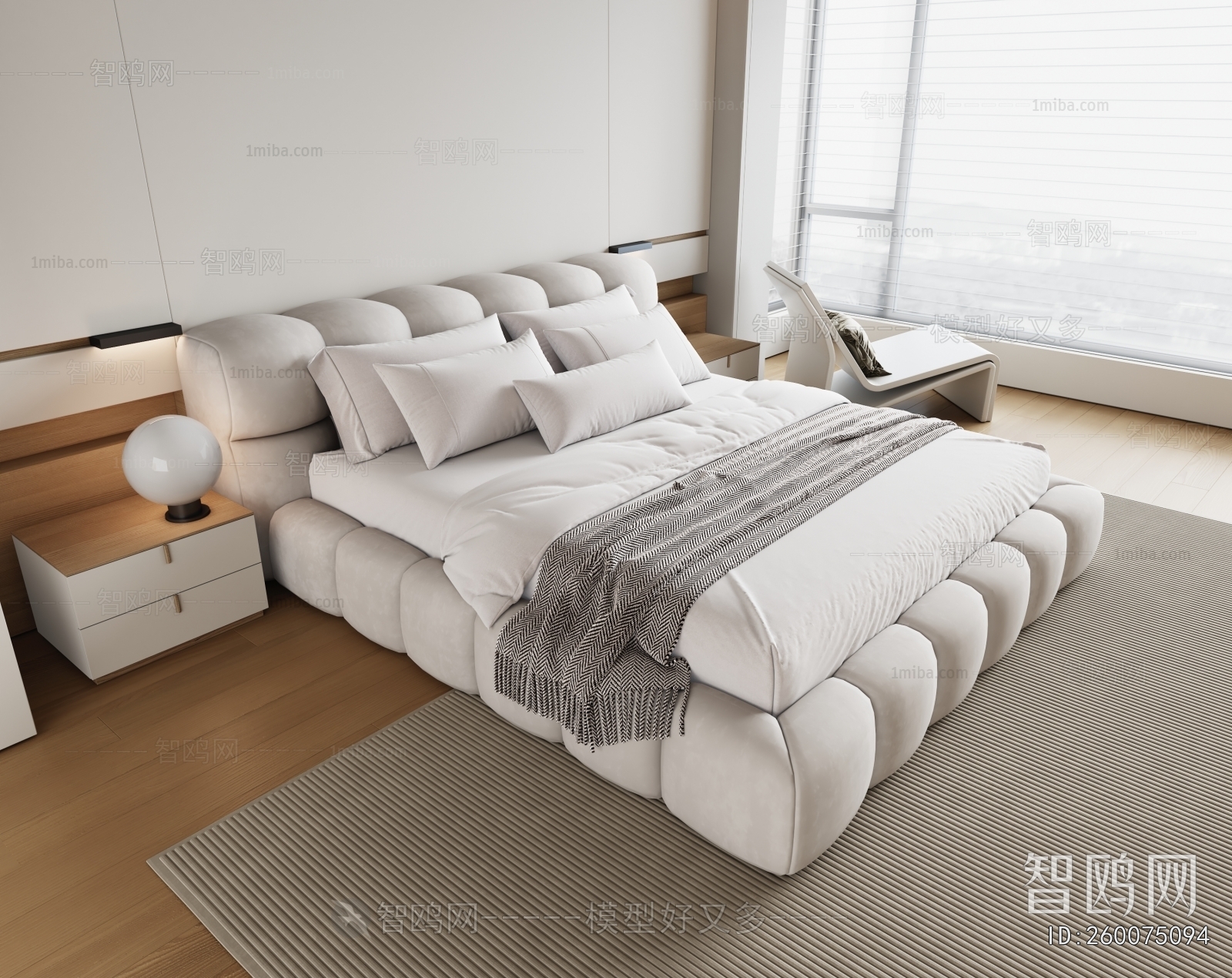 现代布艺双人床3D模型下载