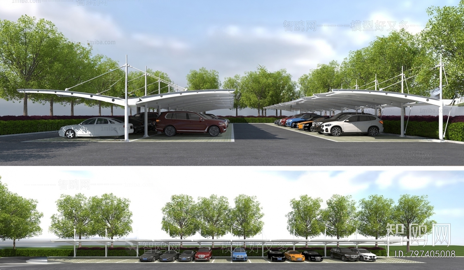 现代户外停车场 车棚3D模型下载