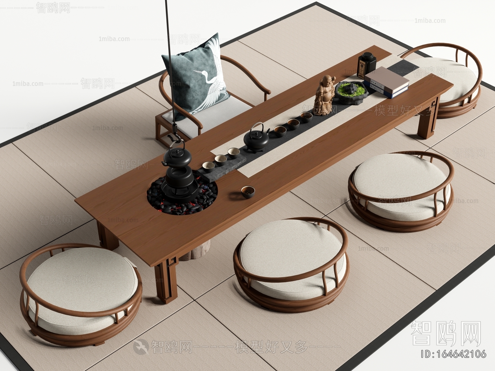 新中式榻榻米茶桌椅 蒲团3D模型下载