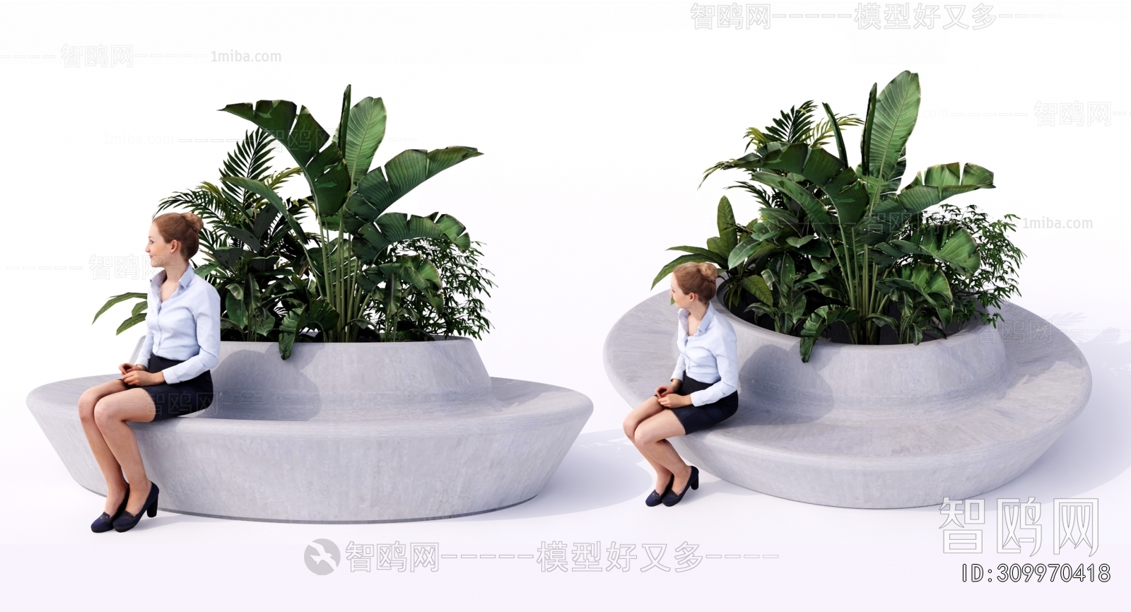 现代圆花坛树池座凳 植物灌木丛3D模型下载
