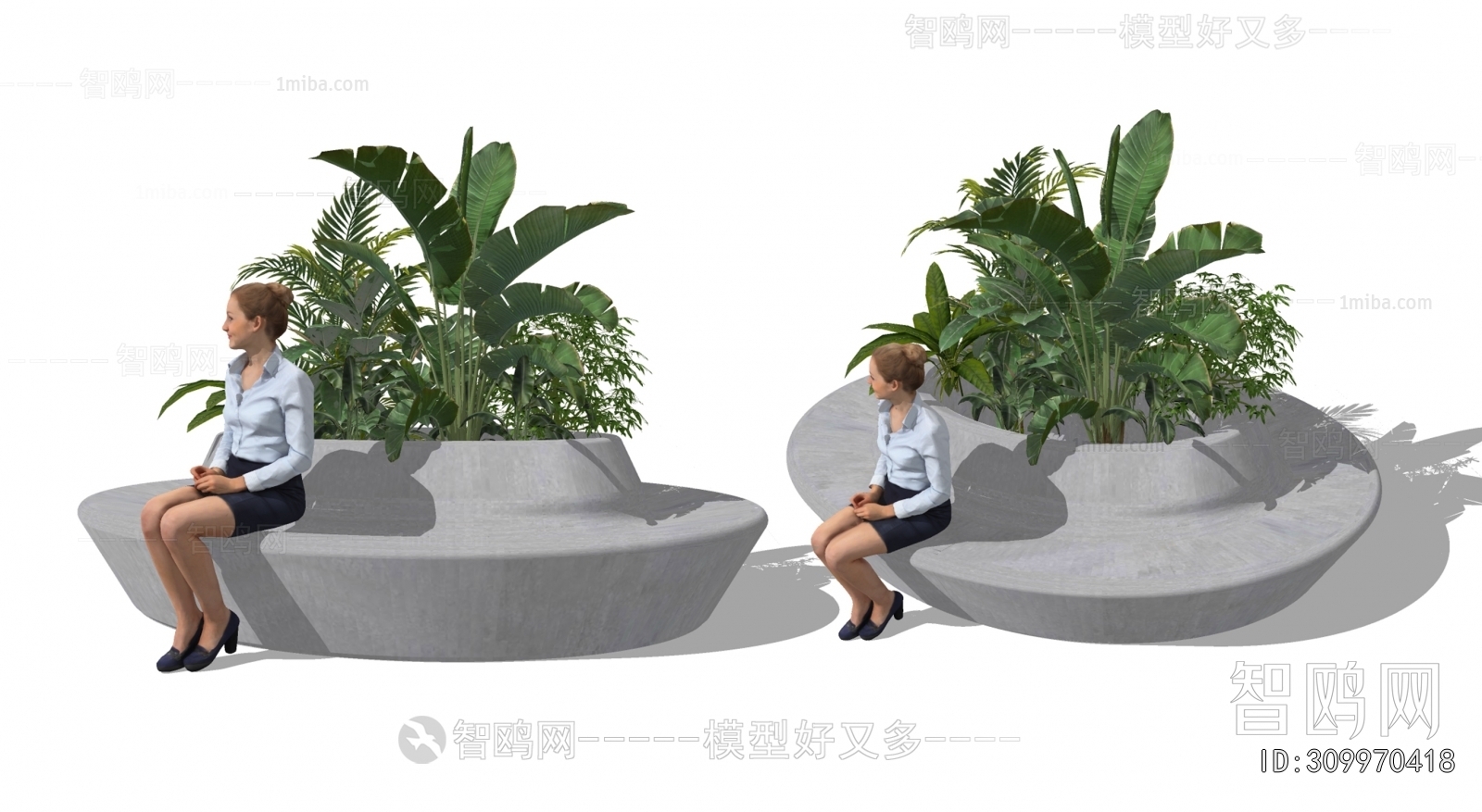 现代圆花坛树池座凳 植物灌木丛3D模型下载