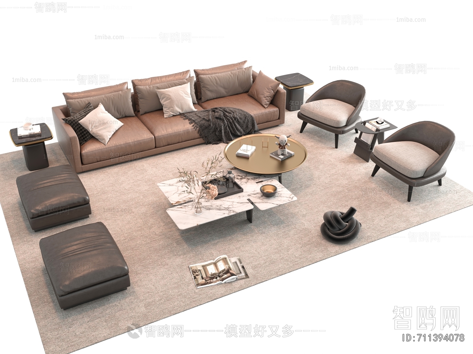 Minotti现代意式皮革沙发茶几组合3D模型下载