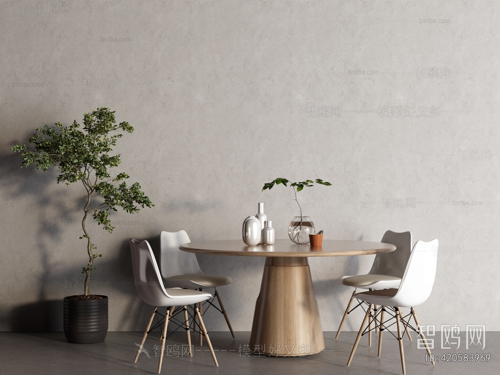 现代圆形实木餐桌椅3D模型下载