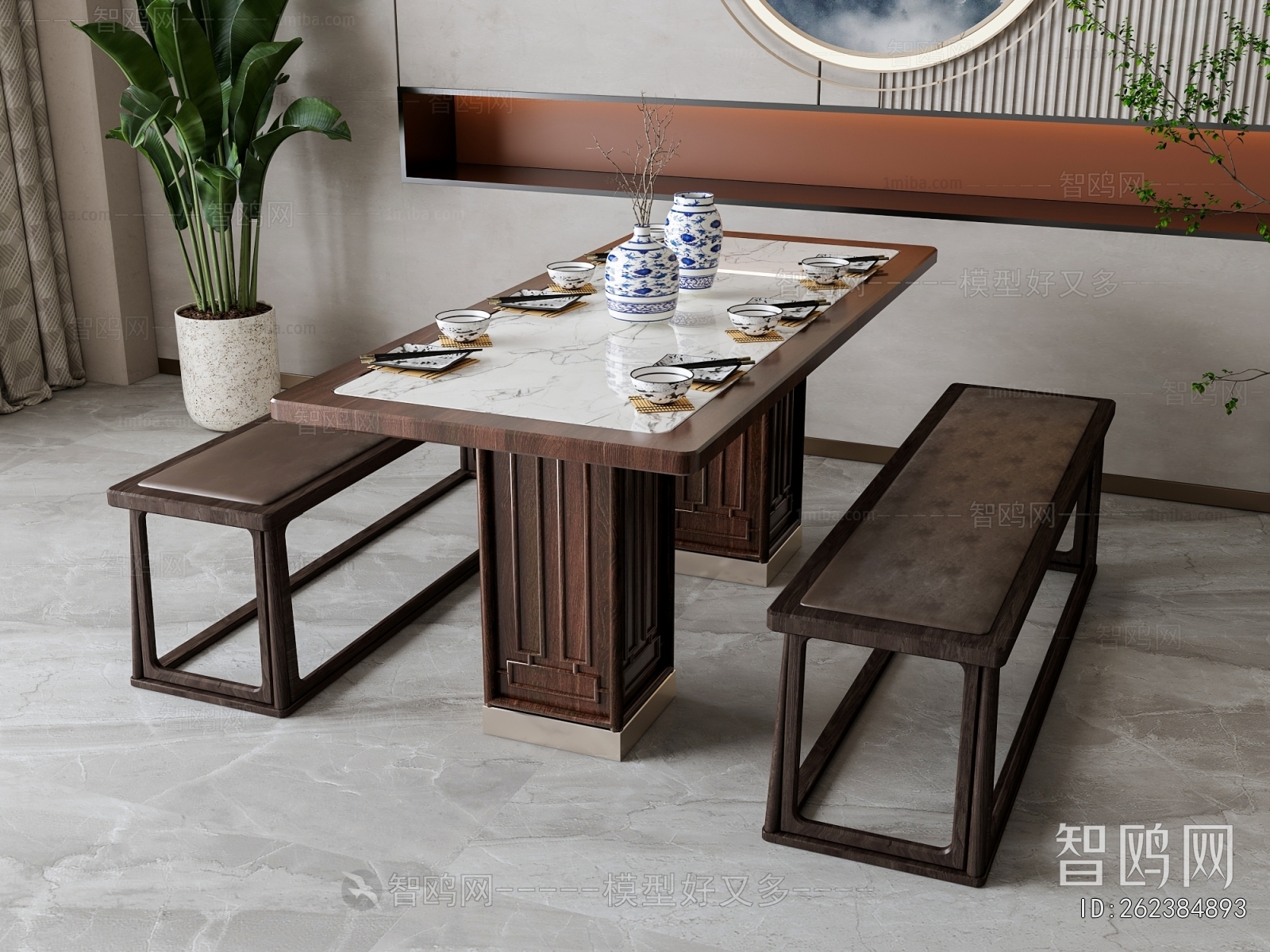 新中式餐桌凳组合3D模型下载