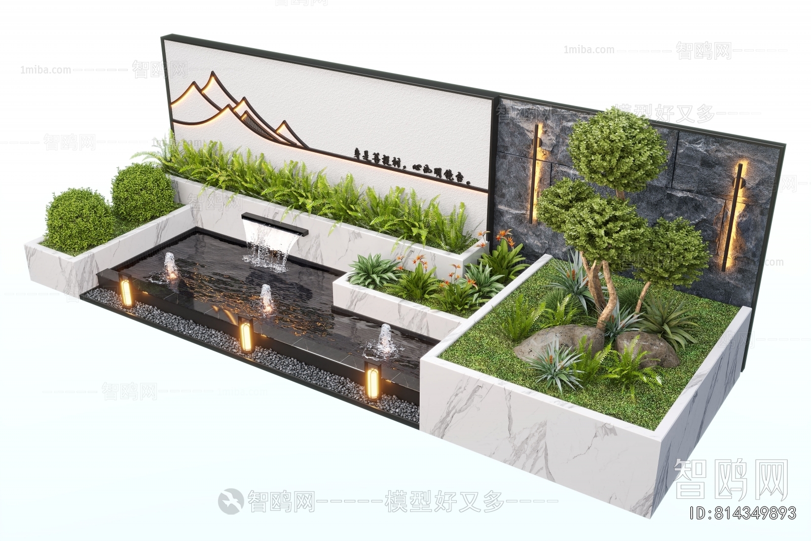 新中式水景墙 瀑布小品3D模型下载