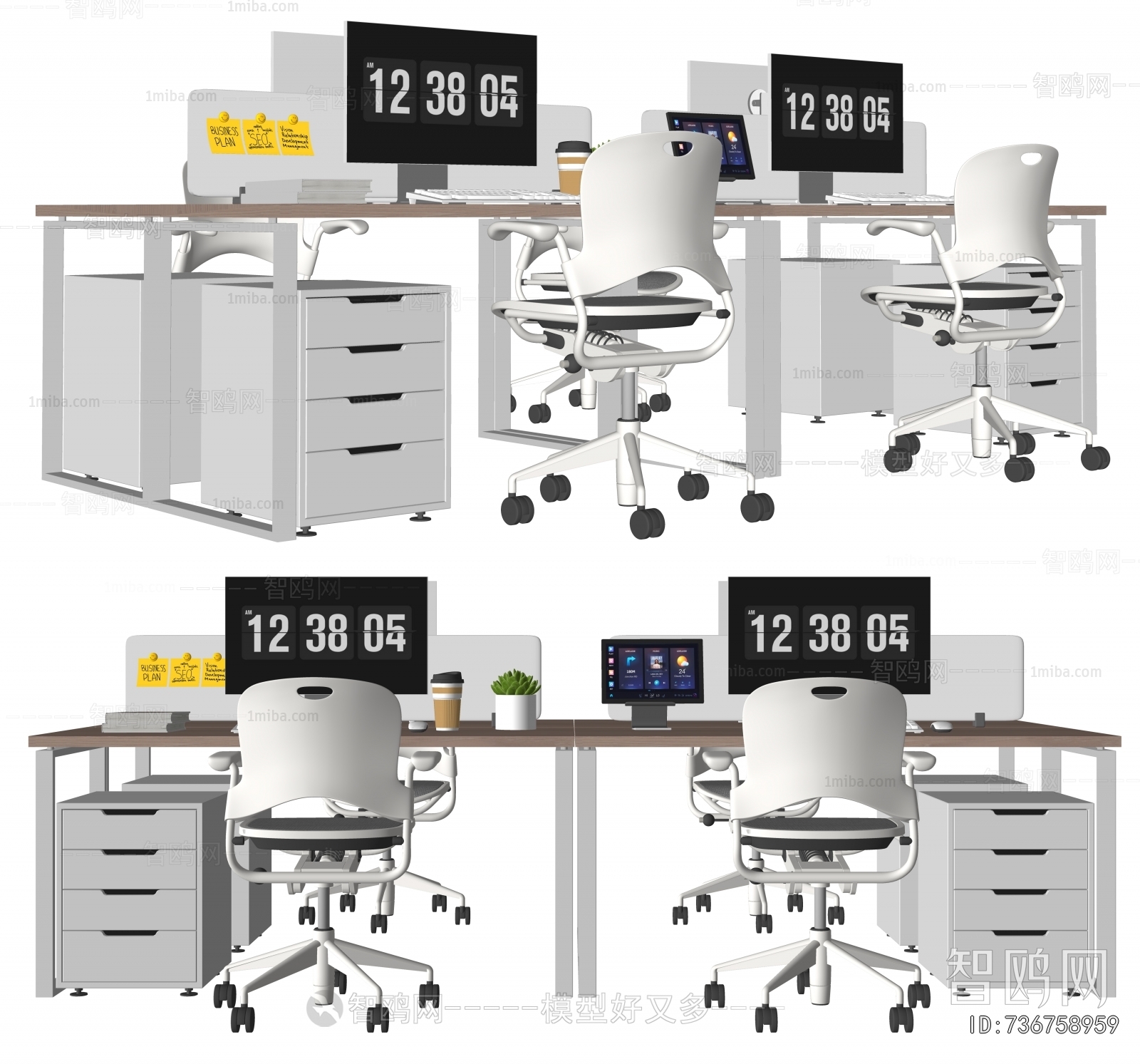 现代员工办公桌椅组合3D模型下载