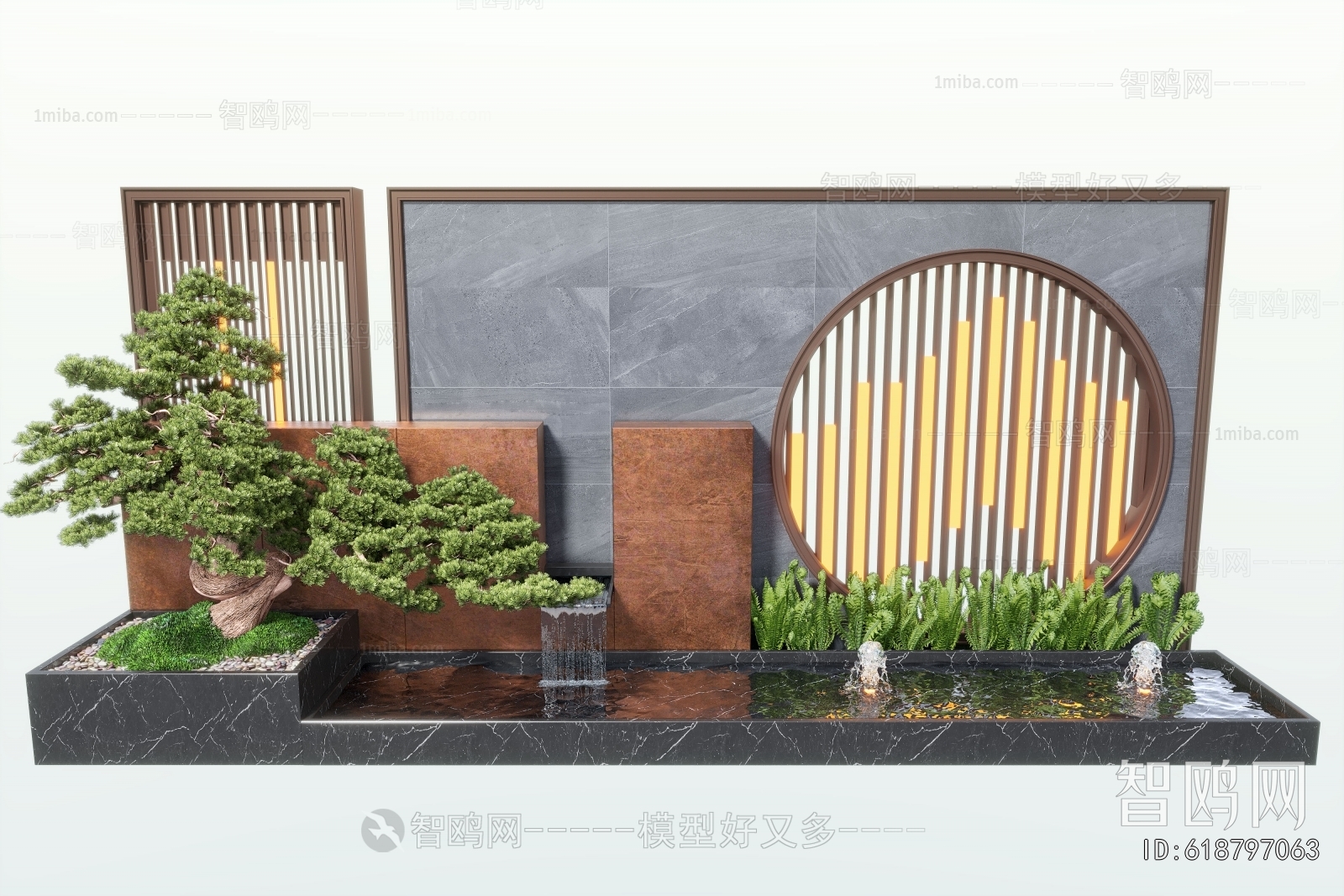新中式水景墙3D模型下载