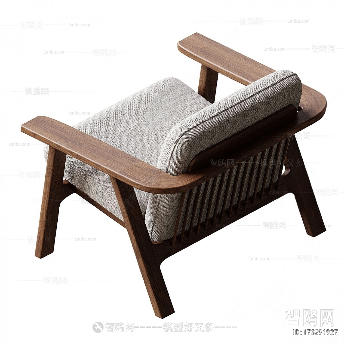 侘寂风实木扶手布艺休闲椅3D模型下载