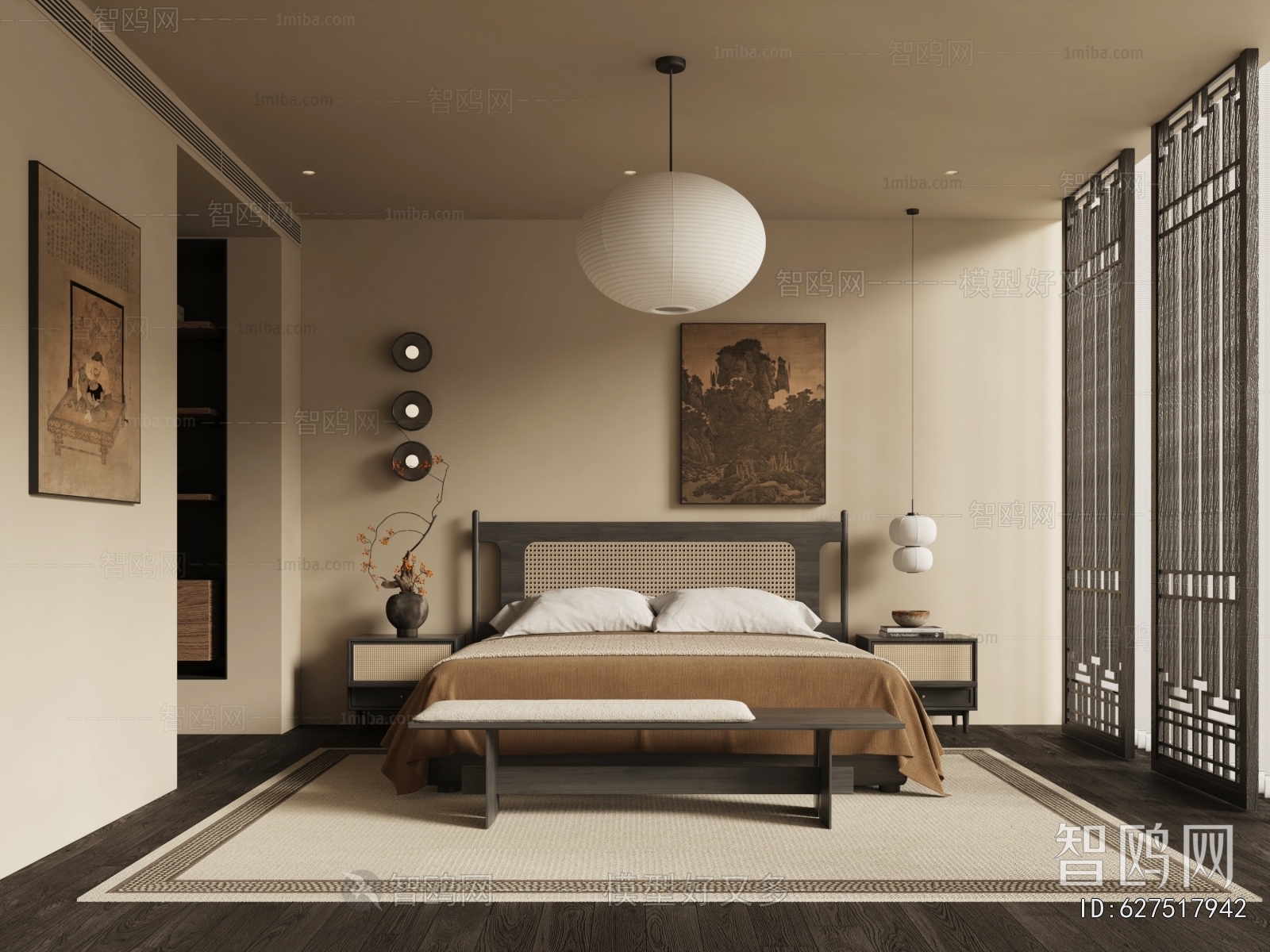 新中式卧室3D模型下载