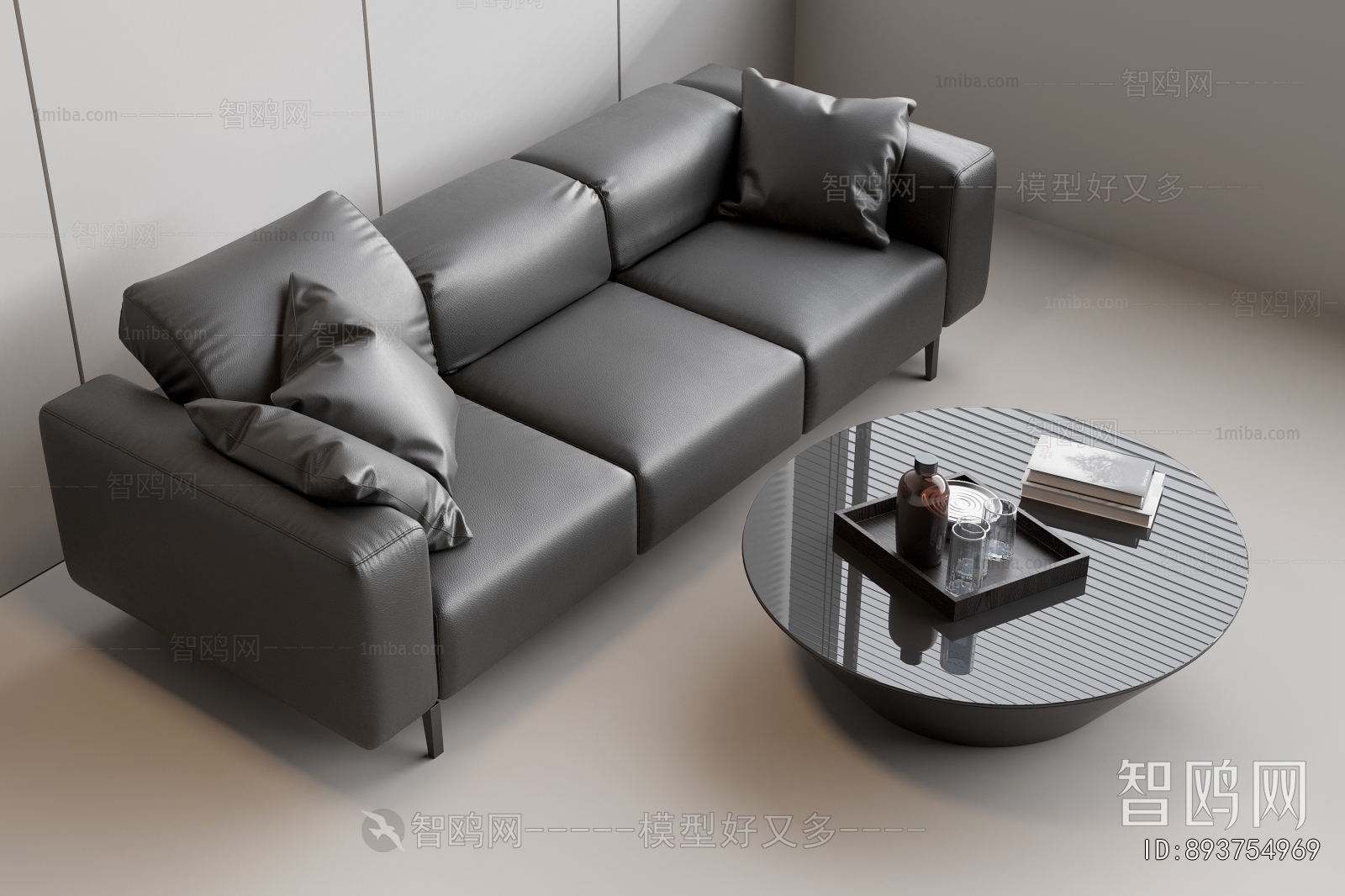 现代皮革三人沙发 圆茶几3D模型下载