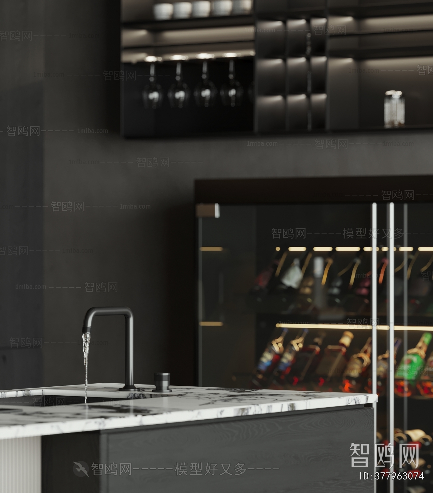 现代敞开式厨房 吧台区3D模型下载