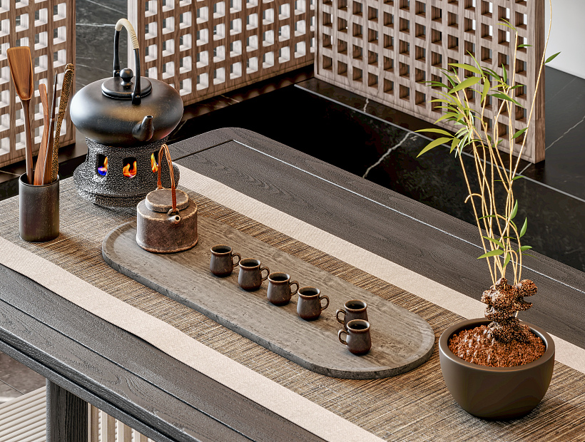 新中式茶壶茶具su模型下载