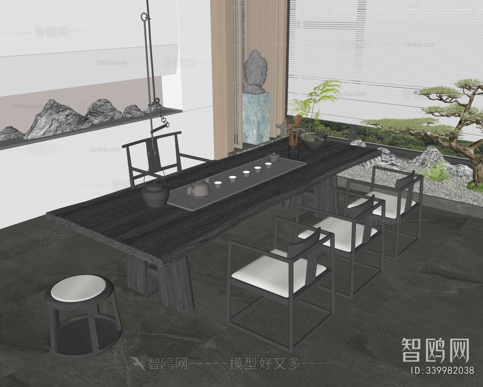 新中式茶桌椅组合3D模型下载