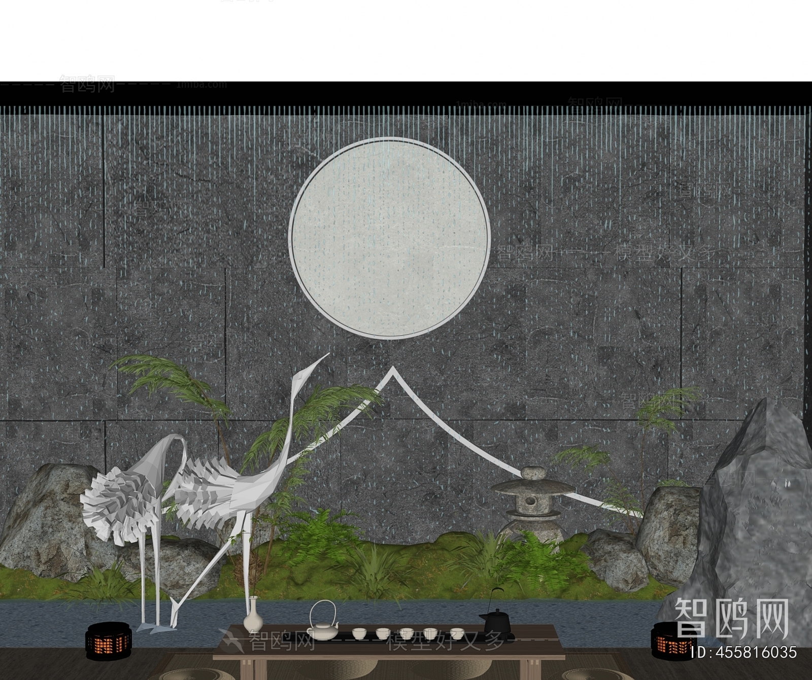 新中式水景墙  雕塑小品3D模型下载