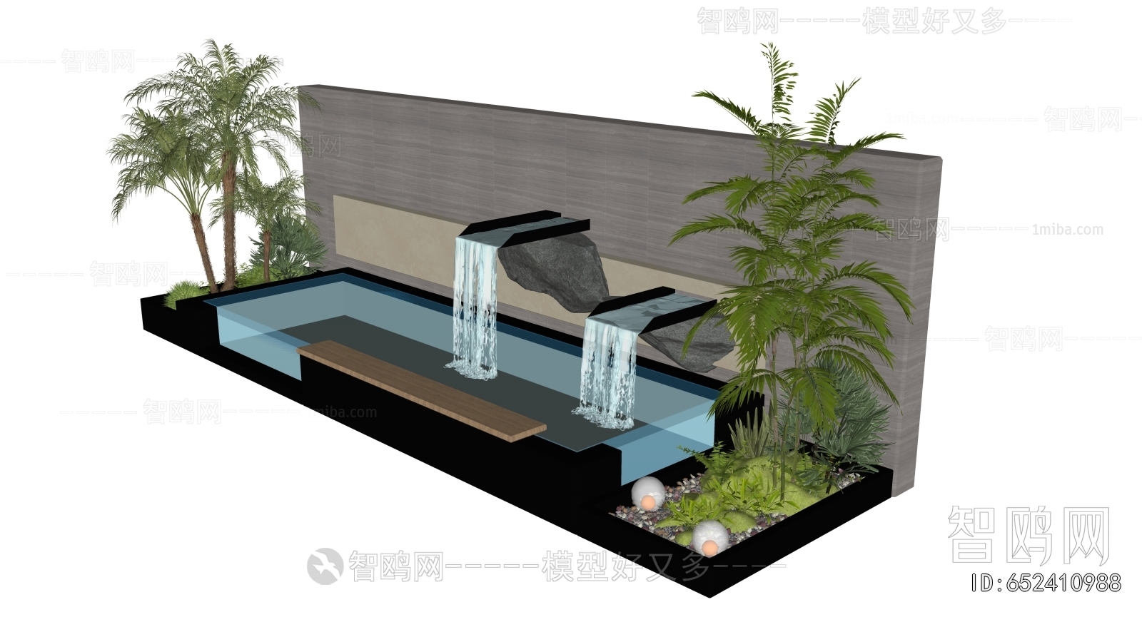 现代水景墙瀑布小品3D模型下载