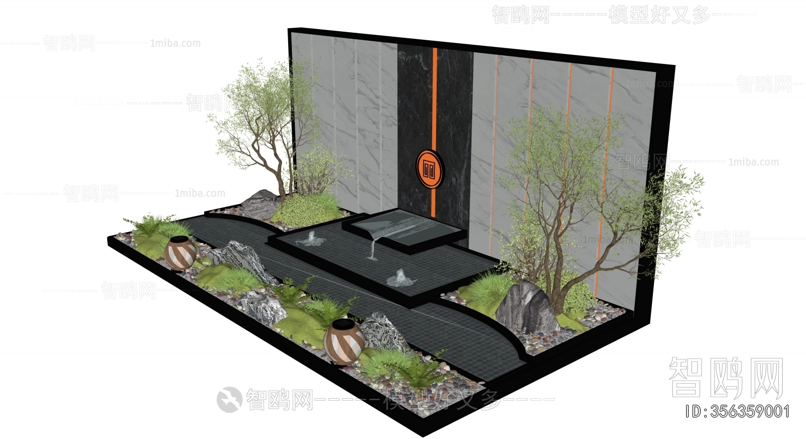 现代水景墙 景观植物3D模型下载