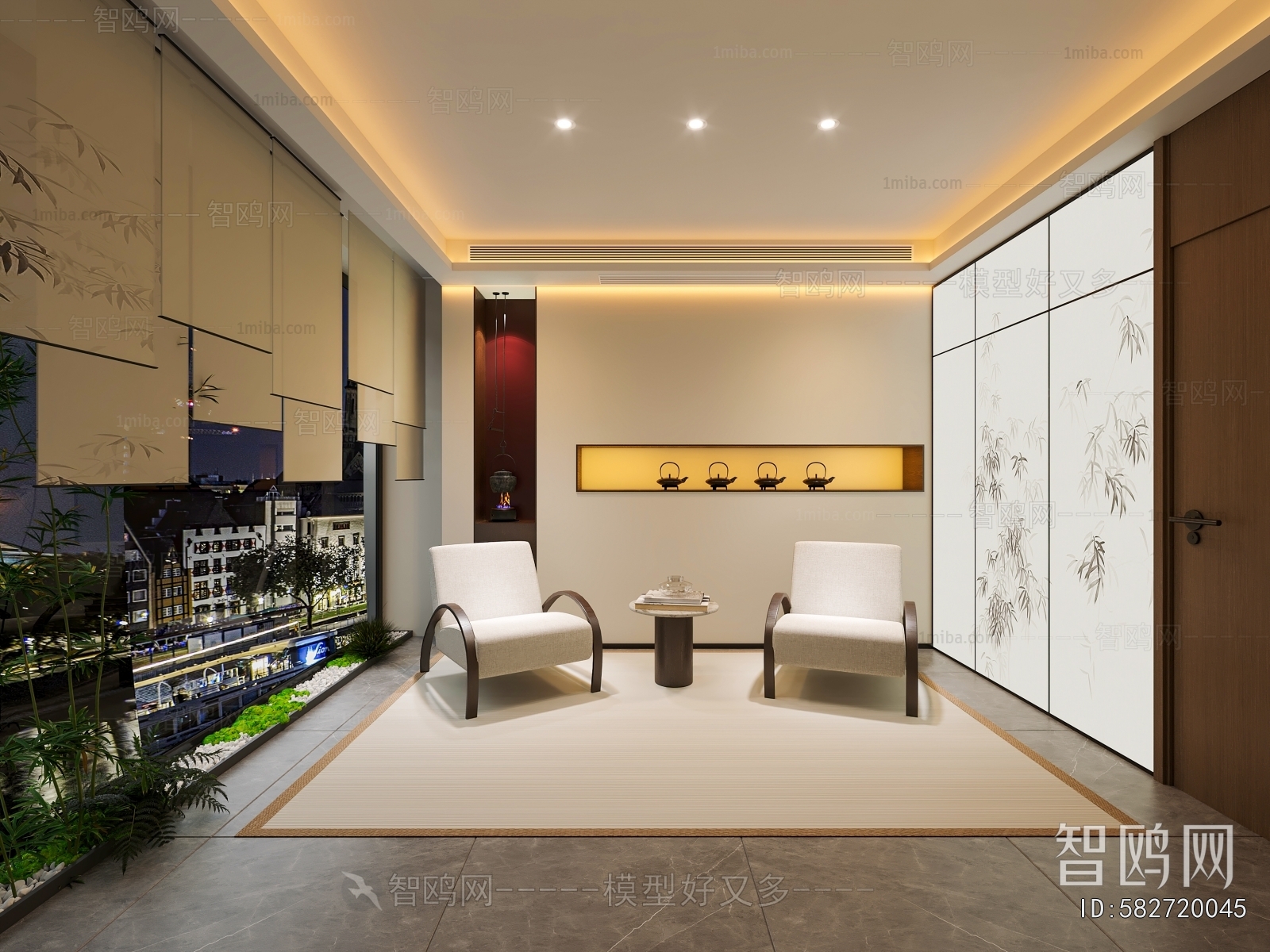 新中式禅意包厢会客厅3D模型下载