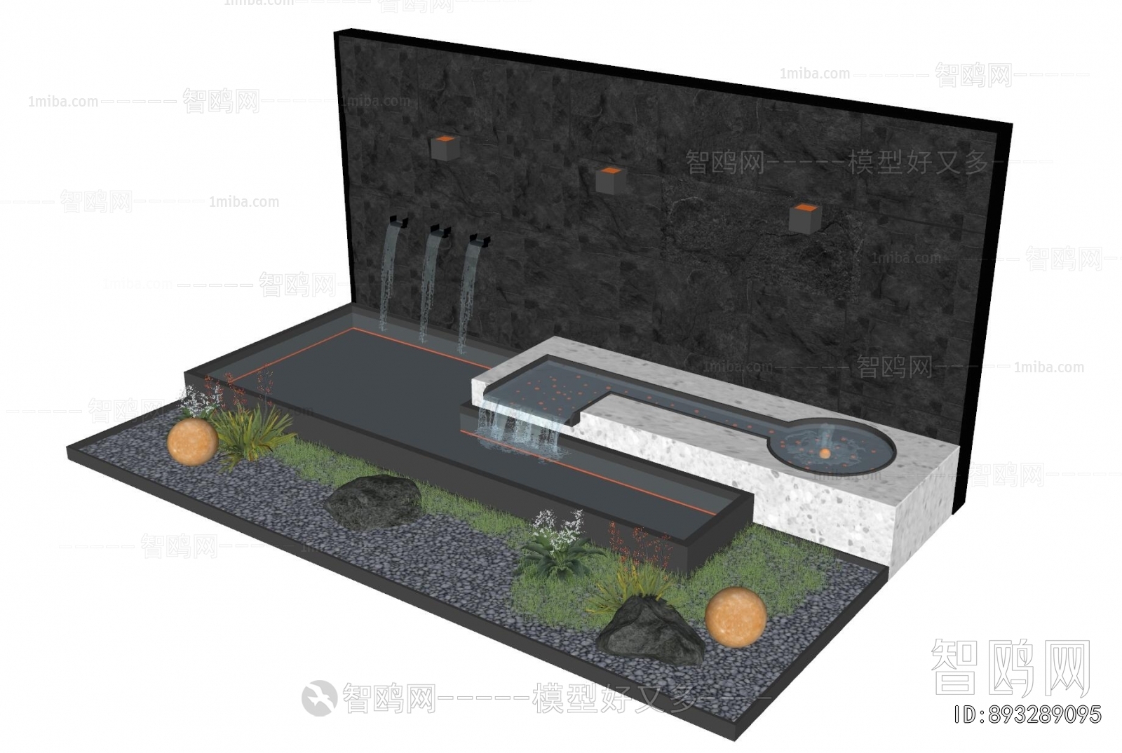 现代水景墙3D模型下载