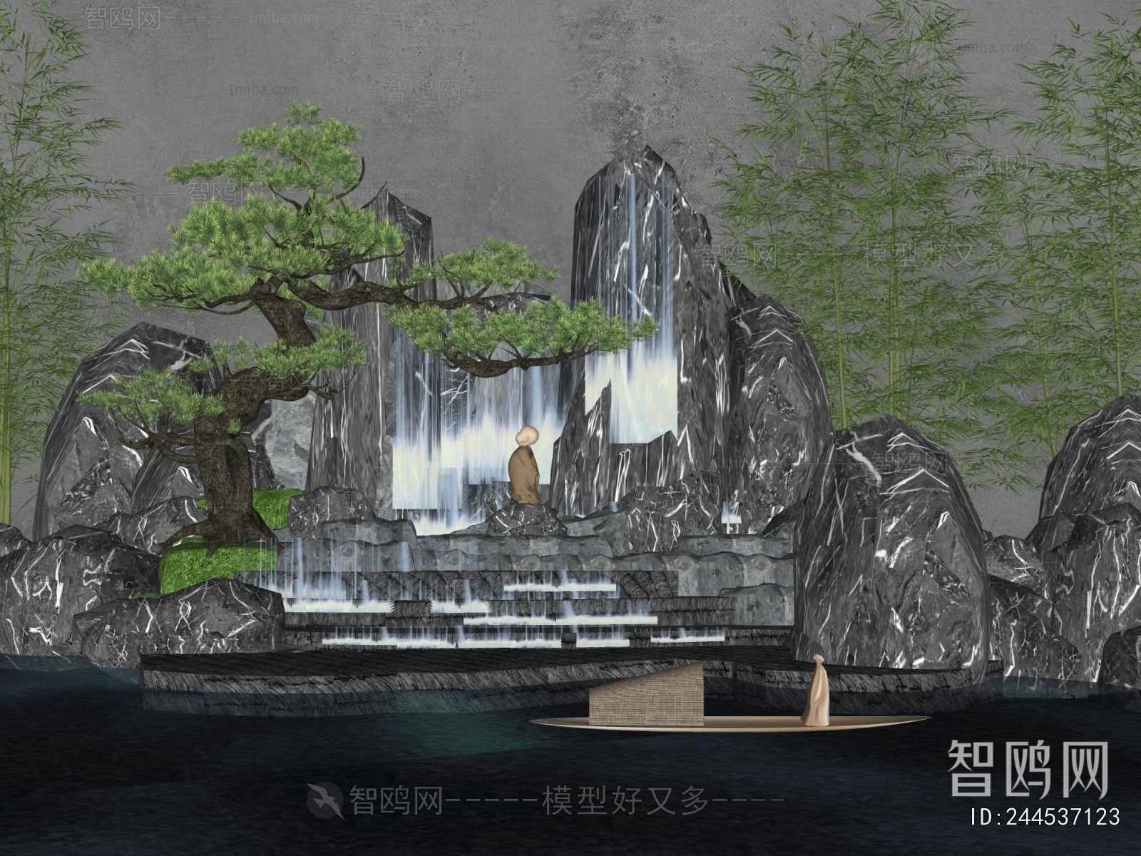 新中式假山水景3D模型下载