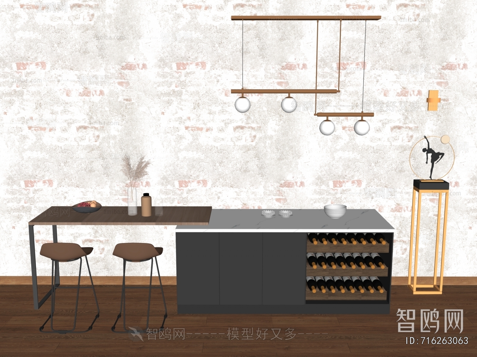 现代厨房吧台餐桌椅组合