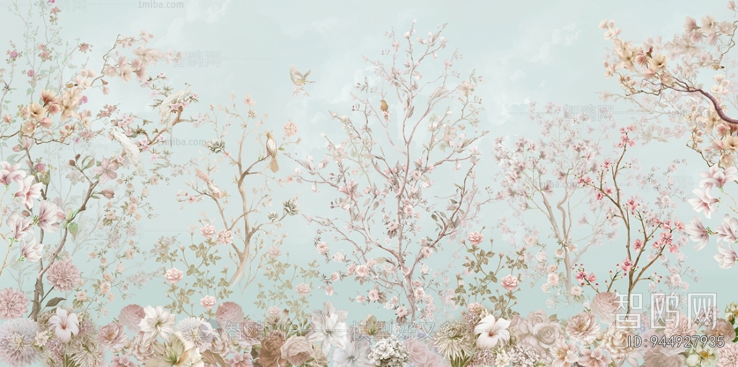 现代浅蓝色花鸟壁纸