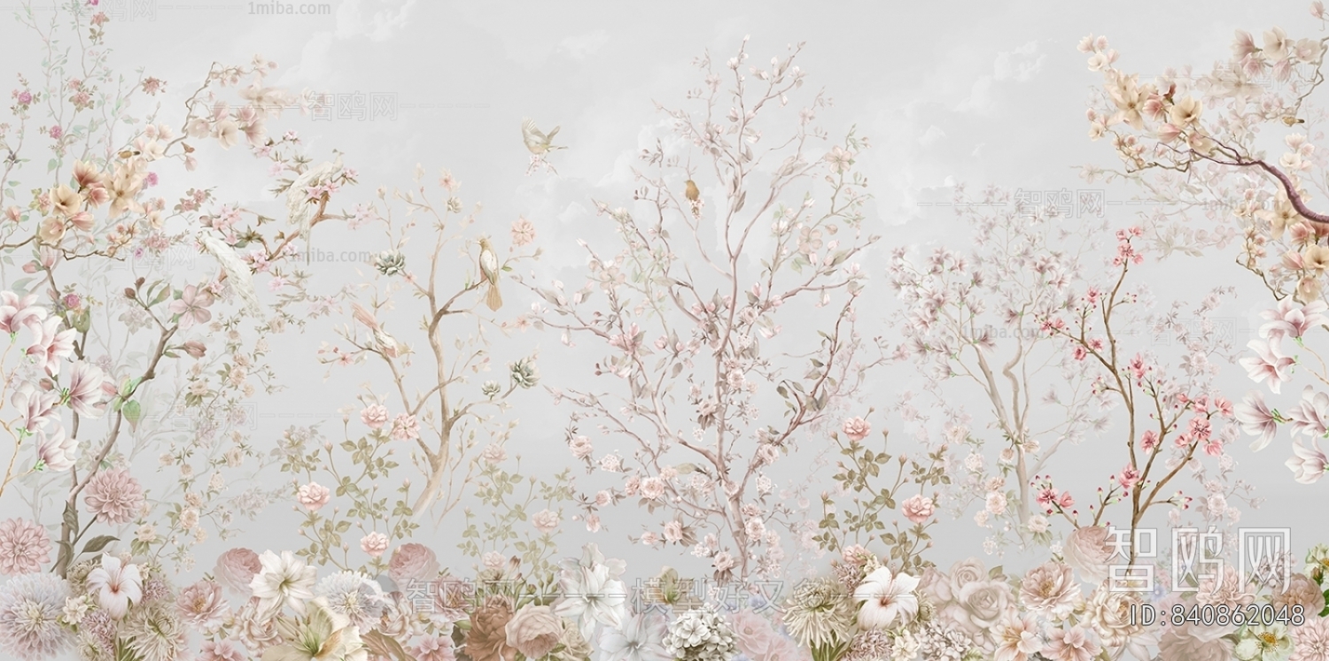 现代灰色花鸟壁纸