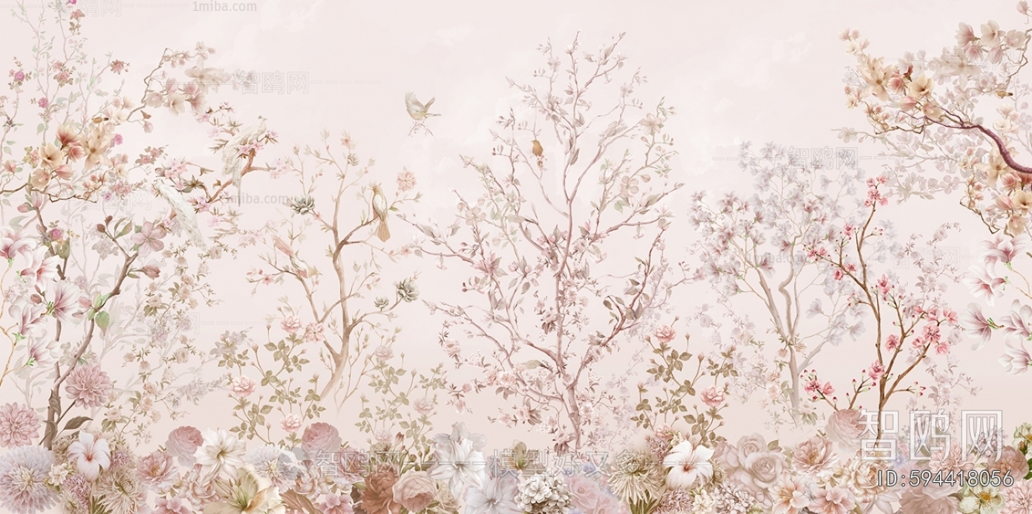 现代淡粉色花鸟壁纸