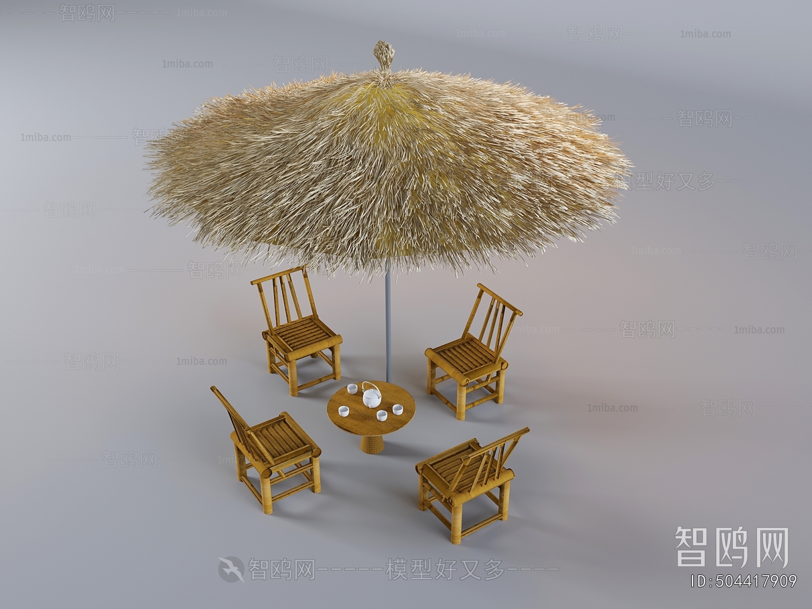 新中式茅草棚遮阳伞竹编桌椅组合