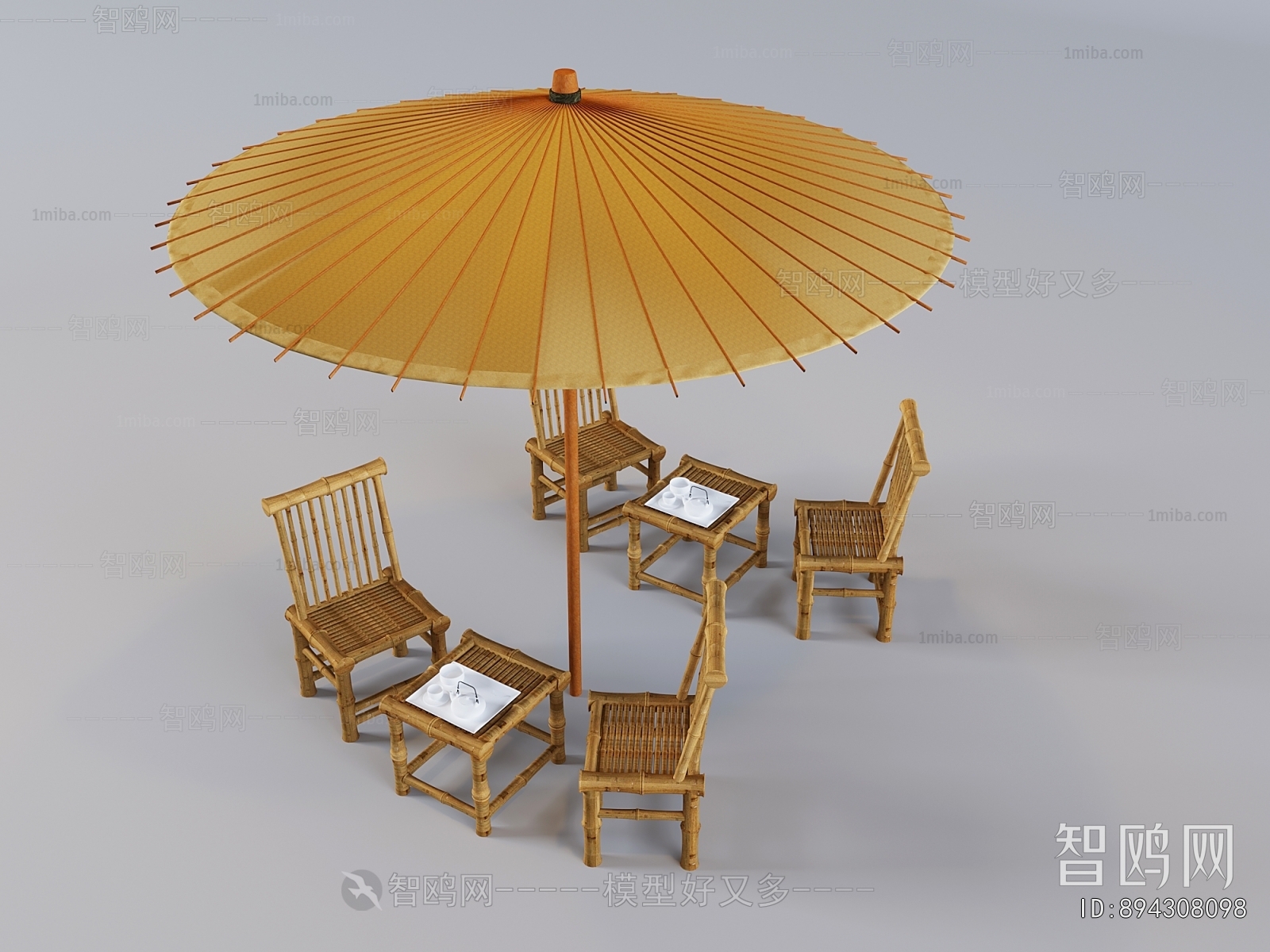 新中式遮阳伞竹编桌椅组合