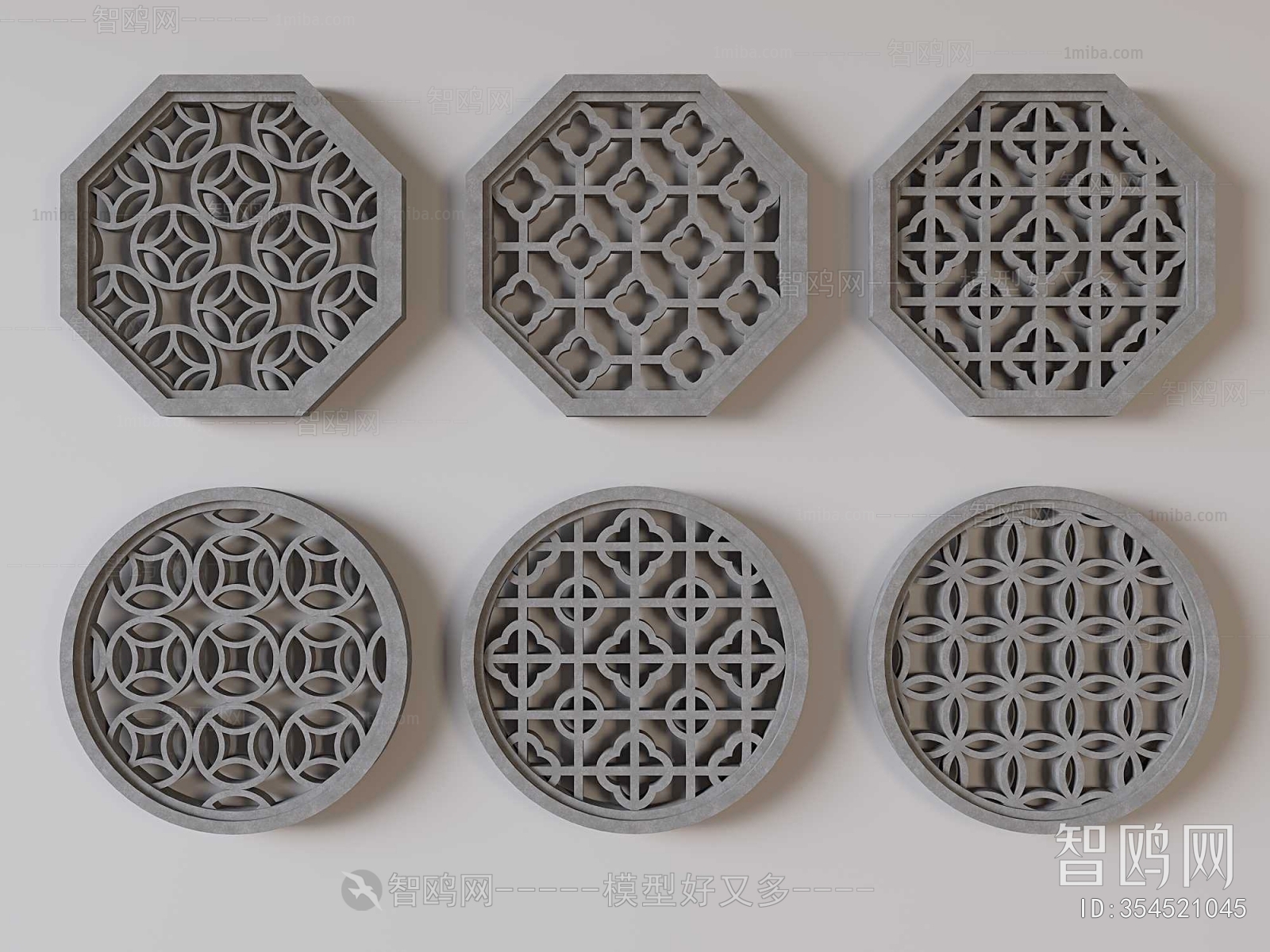 中式灰色水泥花窗组合