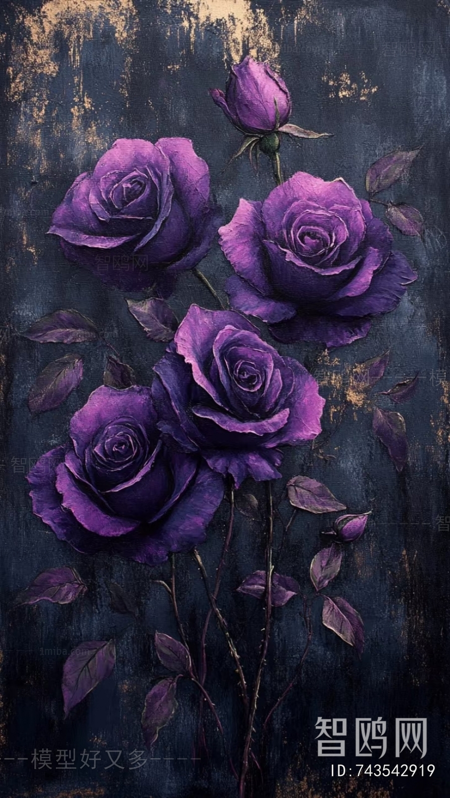 现代复古紫色玫瑰花油画