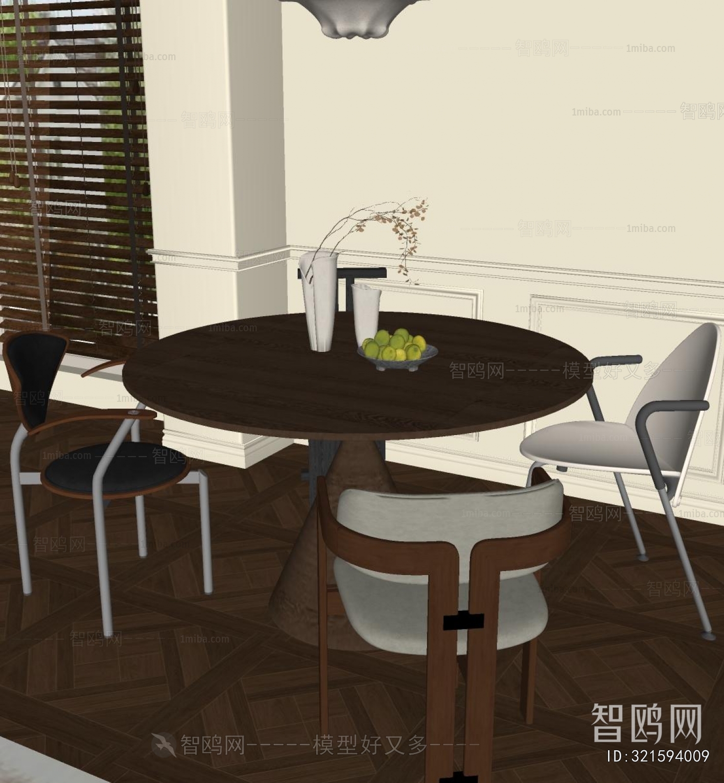 现代中古风圆形餐桌椅组合