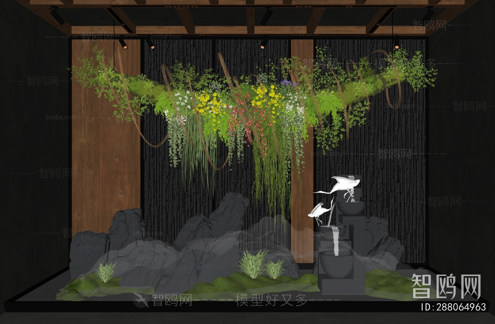现代室内假山景观植物小品