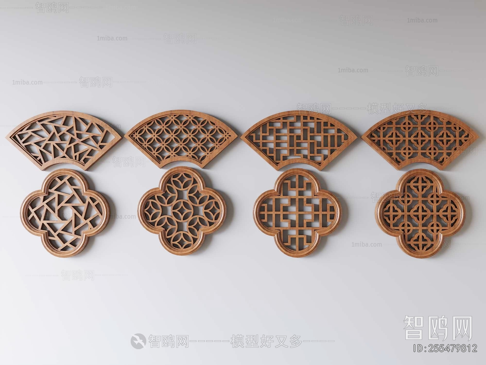 中式实木雕花镂空窗组合