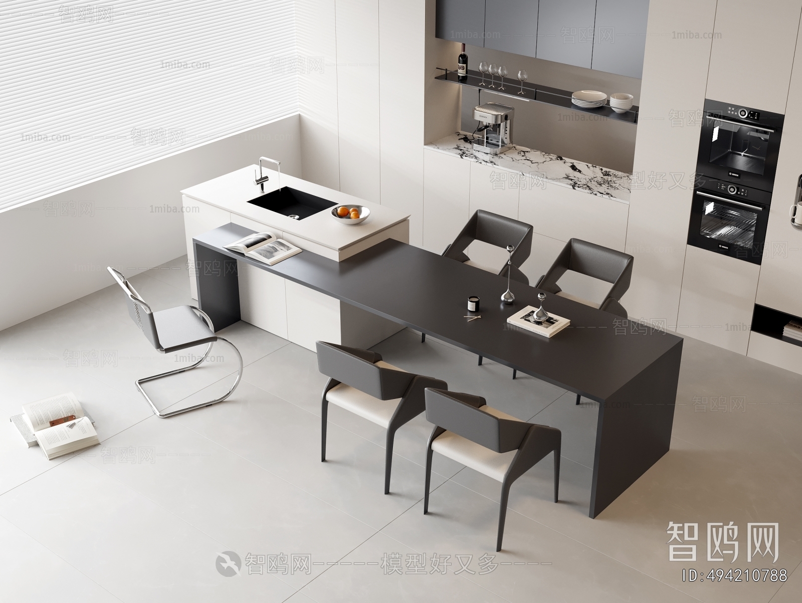 现代岛台餐桌椅组合