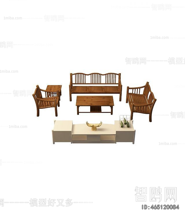 新中式客厅实木茶几休闲椅组合